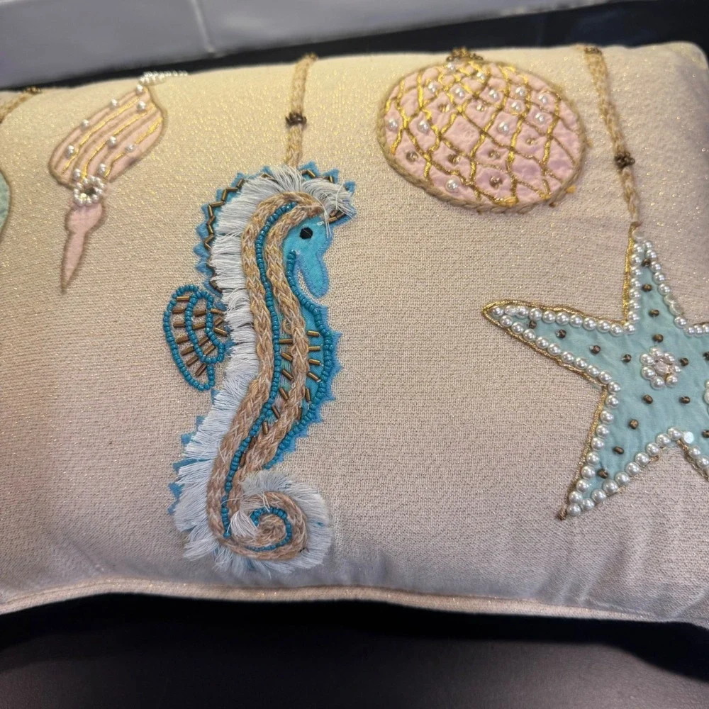 Coastal Seahorse Beaded Lumbar Pillow Home Decor 12x18 Cream Gold Sea Life